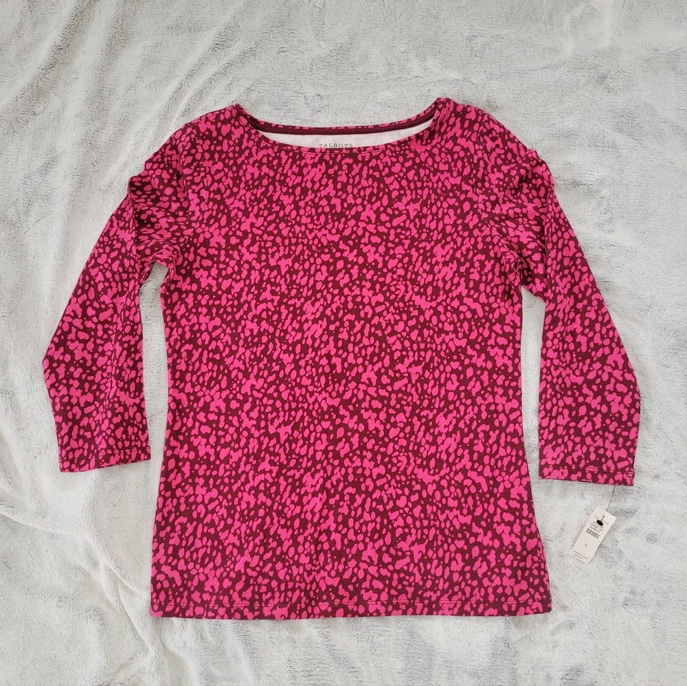 Talbots Womens Size Small Pink Animal Cheetah Leopard Print 3/4 Sleeve Shirt Top